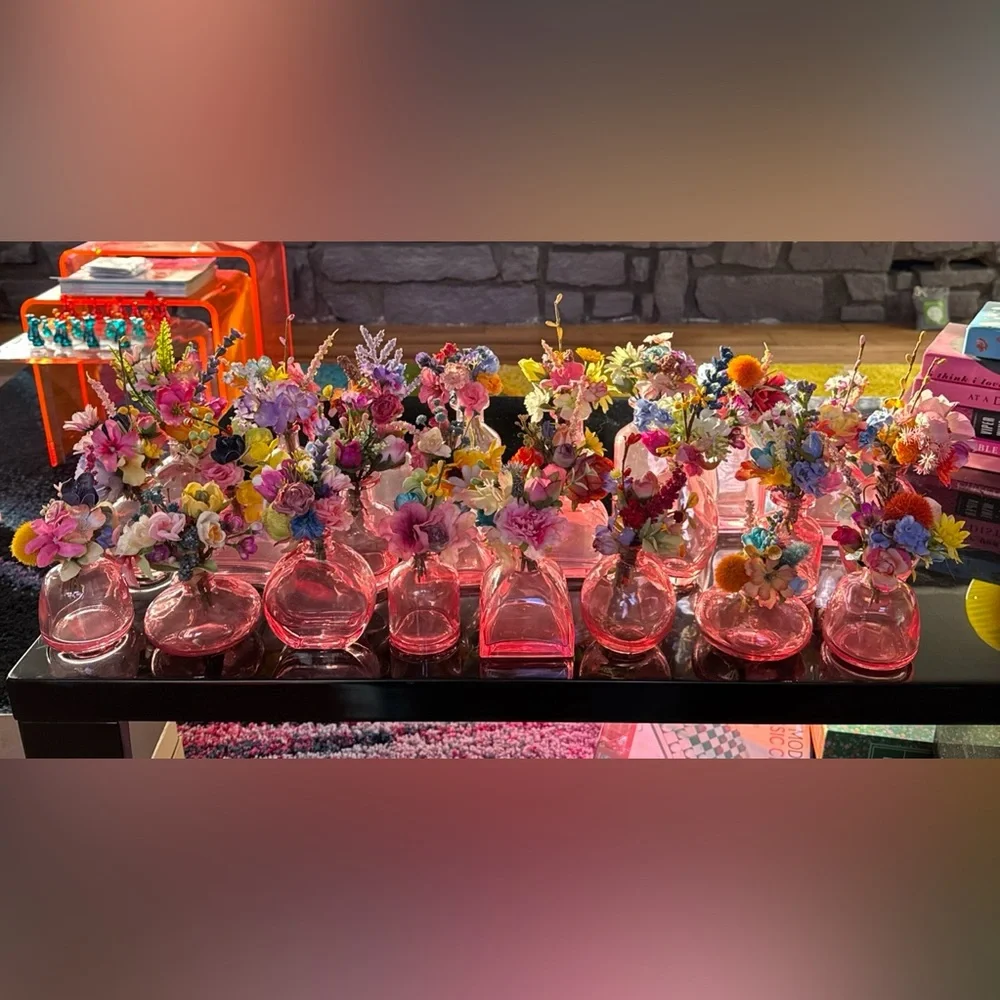 Lot Of 24 Custom Wedding Pink Glass Bud Vases Bundle One-Of-A-Kind With Flowers